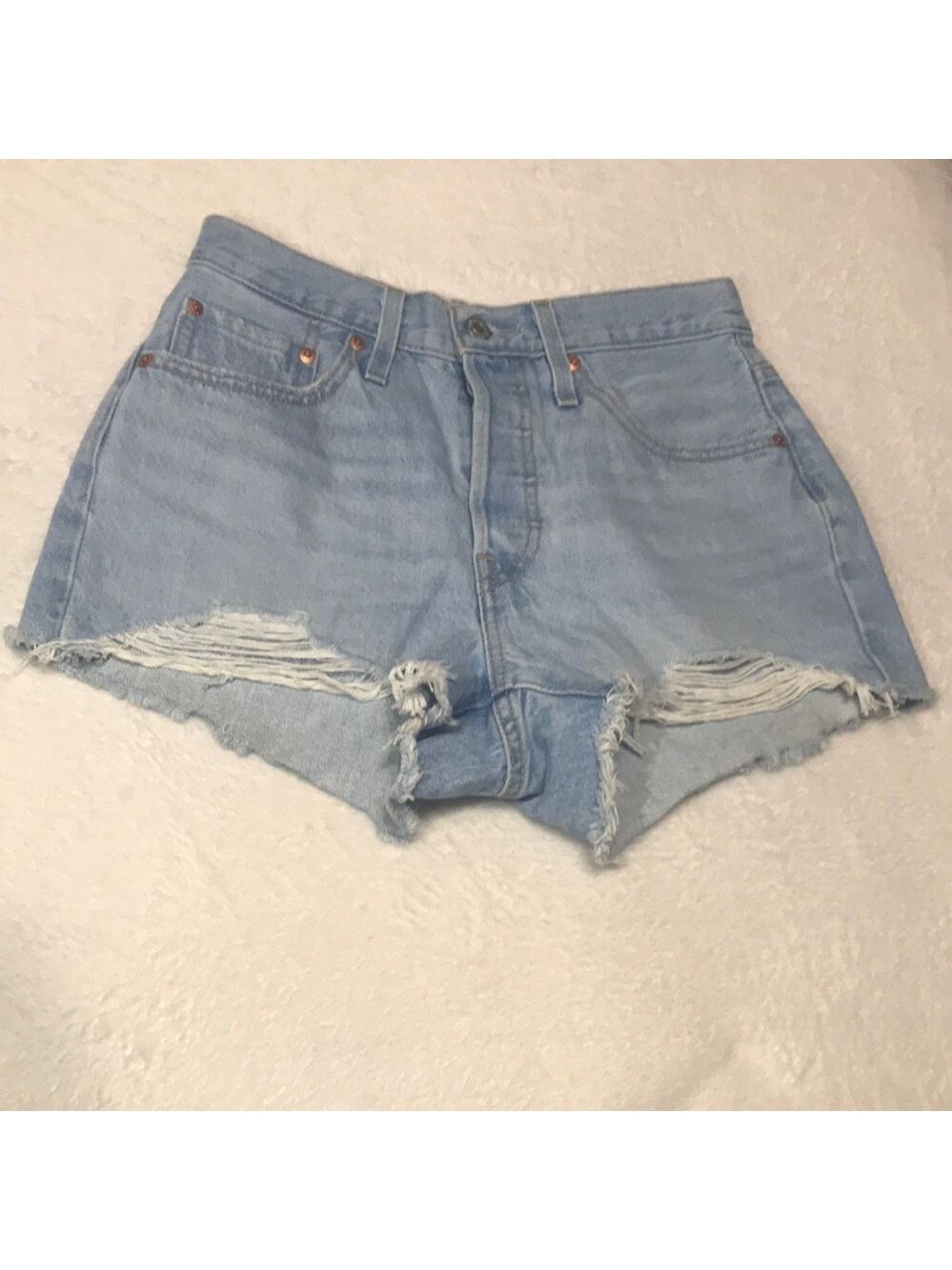 Levi’s 501 Light Blue High-Waist Distressed Denim Shorts 26